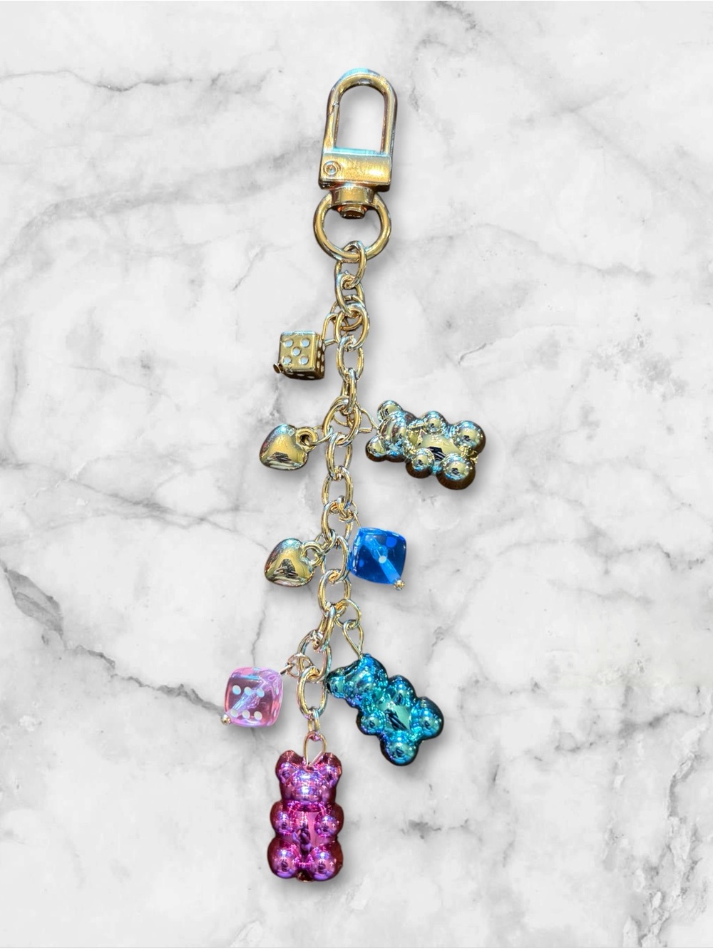 Gold Tone Gummy Bear & Dice Charm Keychain with Colorful Resin Bears